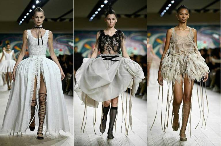 Combinación de imágenes que muestra a modelos presentando creaciones para Dior durante la Semana de la Moda de Alta Costura Femenina Primavera/Verano 2025 en París el 27 de enero de 2025. $!Combinación de imágenes que muestra a modelos presentando creaciones para Dior durante la Semana de la Moda de Alta Costura Femenina Primavera/Verano 2025 en París el 27 de enero de 2025.
