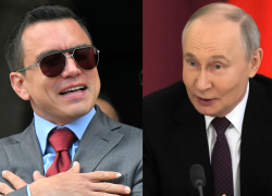 Combo de fotografías del presidente de Ecuador, Daniel Noboa (D), y su homólogo ruso, Vladimir Putin.