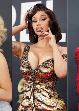 Composición fotográfica en las que se ve posar a Sabrina Carpenter, Cardi B y Taylor Swift en la alfombra roja de la 67 edición de los Premios Grammy. Las telas satinadas, el brillo, las lentejuelas y la pedrería estuvieron presentes en los looks de las celebridades.