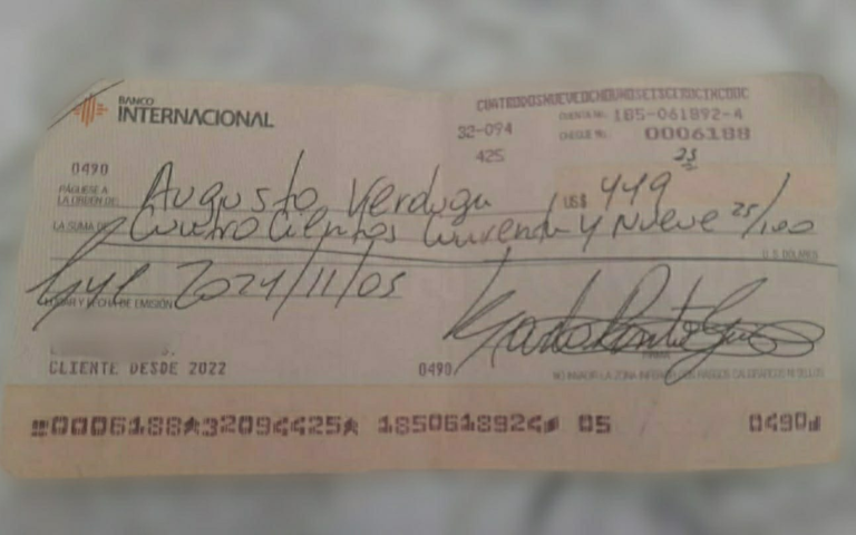 $!Foto del cheque compartida por Verduga en X.